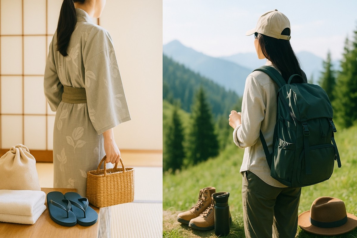 温泉旅行とアウトドア旅行で必要な持ち物を比較したイメージ
