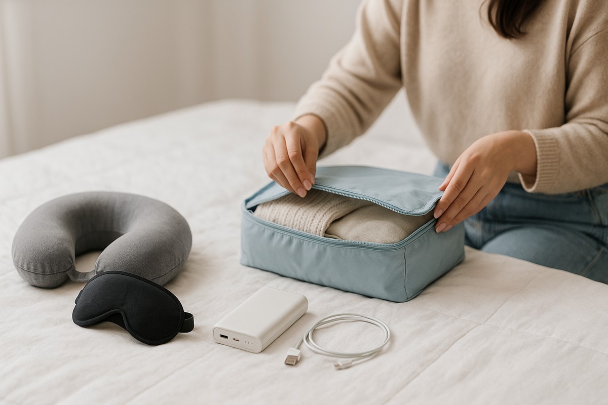 旅行に便利な圧縮ポーチ・モバイルバッテリー・ネックピロー
